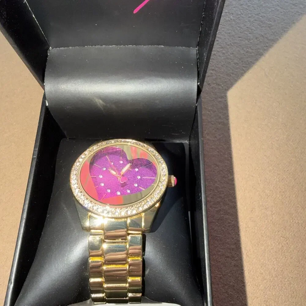 Betsey Johnson Women’s Watch Link Band and Purple Glitter Heart w Crystals-